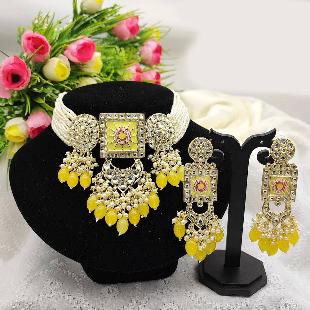 Pooja Bangles Gold Plated Kundan Stone & Beads Meenakari Choker Necklace Set