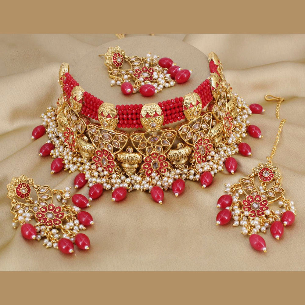 Pooja Bangles Gold Plated Crystal Stone & Beads & Meenakari Choker Necklace Set