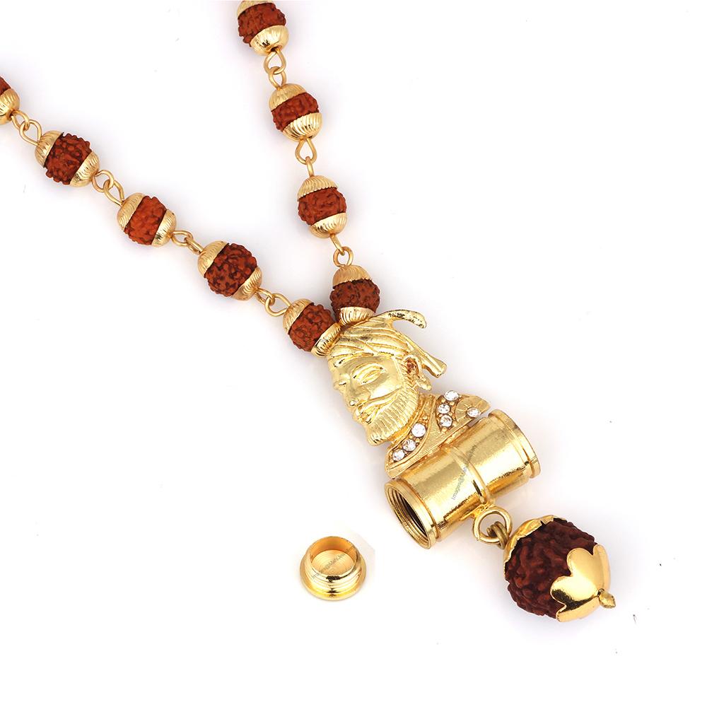 Mahi Lord Shiva Damru and Chhatrapati Shivaji Maharaj Pendant with 24 Inch Rudraksh Mala for Men and Women (PS1101707G)
