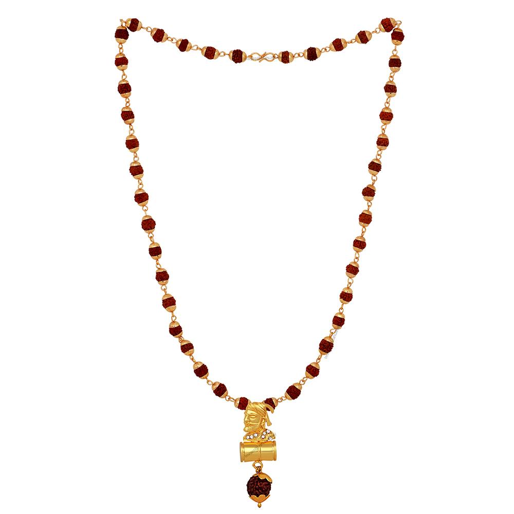 Mahi Lord Shiva Damru and Chhatrapati Shivaji Maharaj Pendant with 24 Inch Rudraksh Mala for Men and Women (PS1101707G)