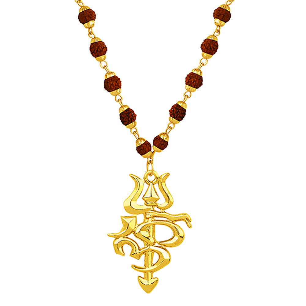 Mahi Gold Plated Religious OM and Trishul Pendant with Rudraksha Mala for Men (PS1101780G)