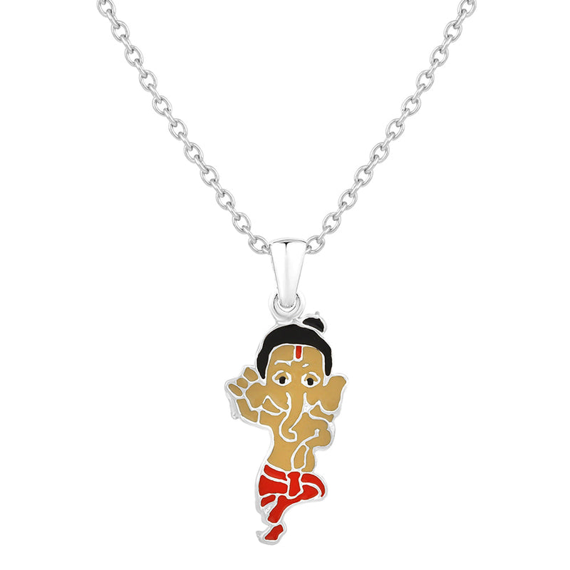 Mahi Rhodium Plated Meena Work Bal Ganesha Pendant for Kids (PS1101841R)