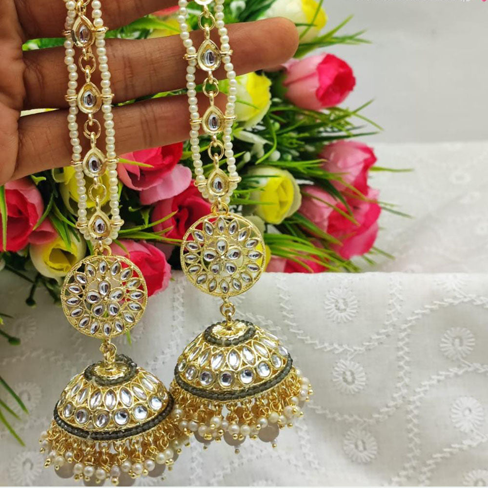 Pooja Bangles Gold Plated Kundan & Beads Jhumka Earrings With Kan Chain