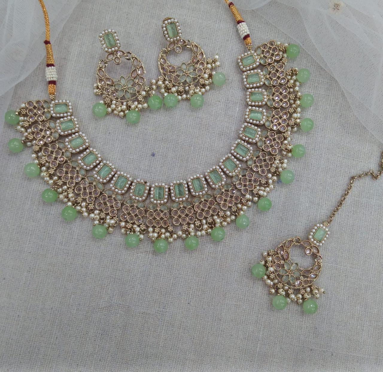 Pooja Bangles Gold Plated Austrian Stone Beads Necklace Set With Maangtikka