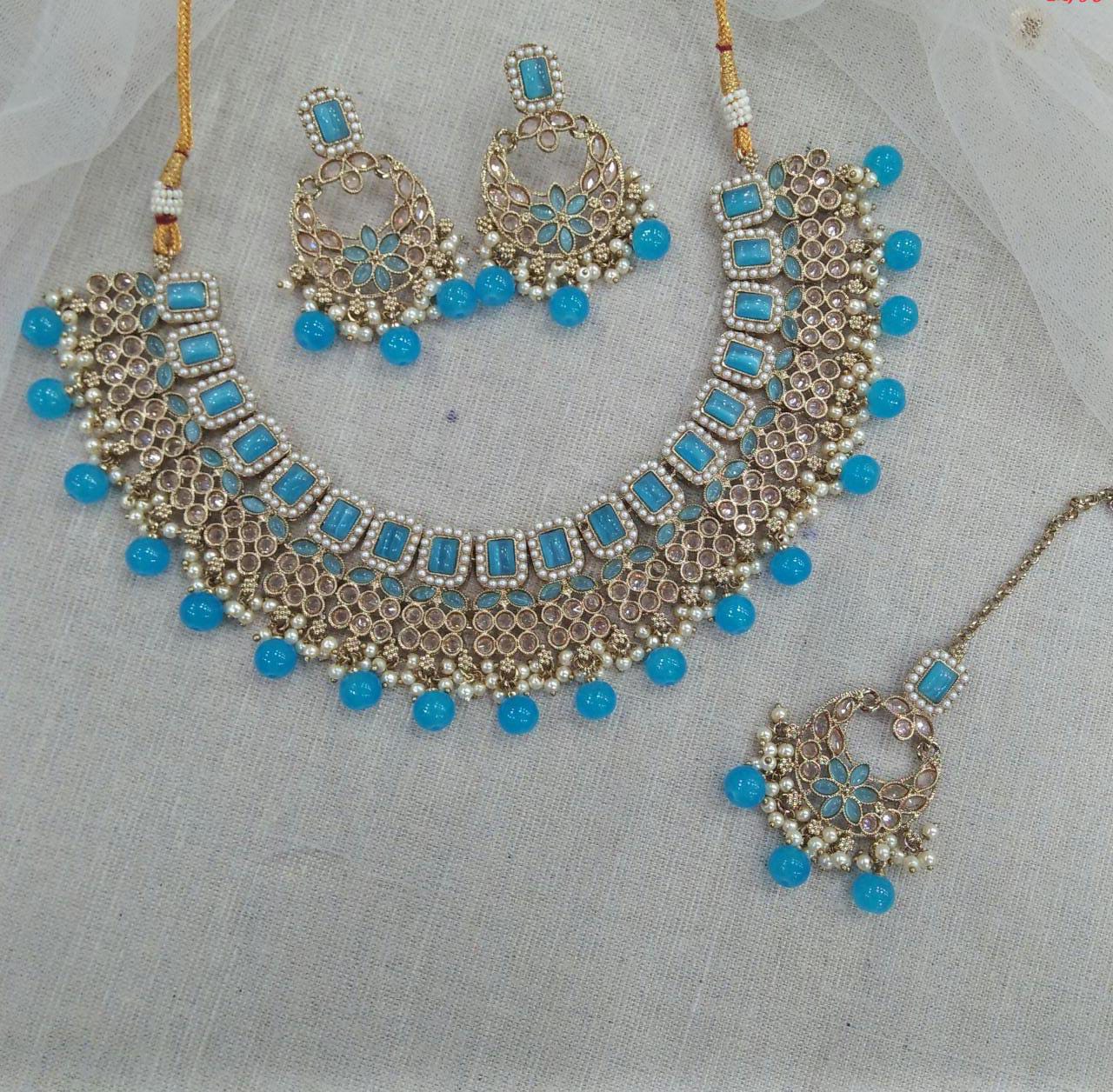 Pooja Bangles Gold Plated Austrian Stone Beads Necklace Set With Maangtikka