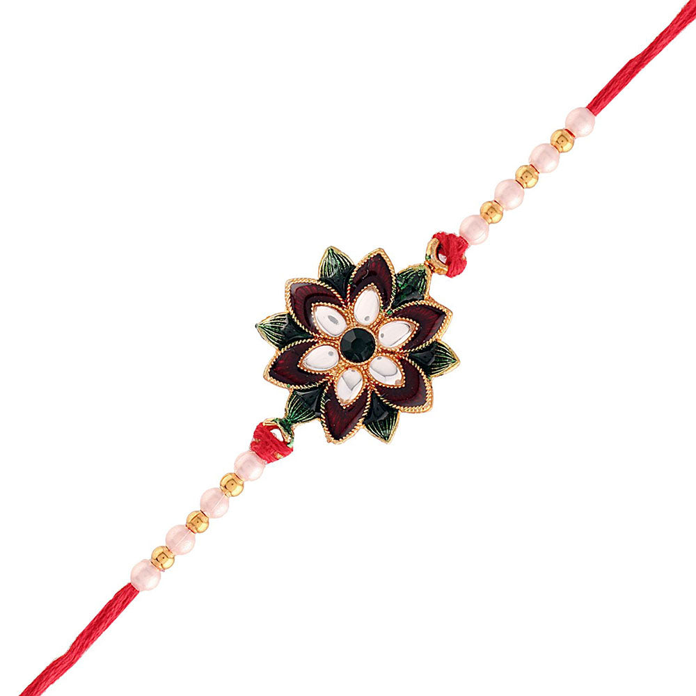 Etnico Gold Plated Ethnic Designer Pearl Meena Work Flower Rakhi Bracelet for Brother/Men (R006)