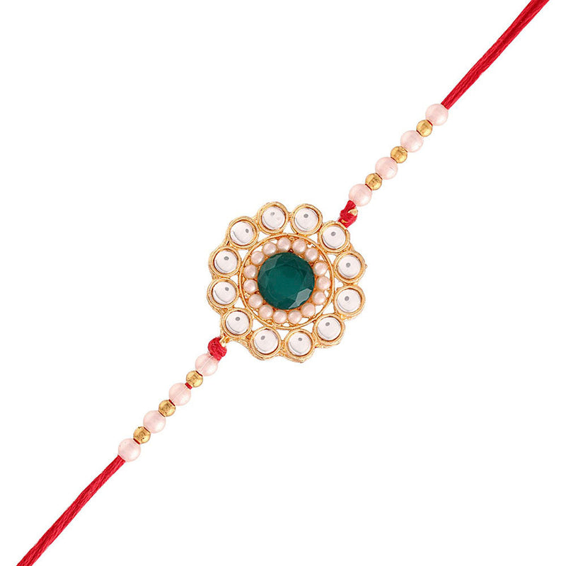 Etnico Gold Plated Ethnic Designer Pearl Kundan Rakhi Bracelet for Brother/Men (R007)