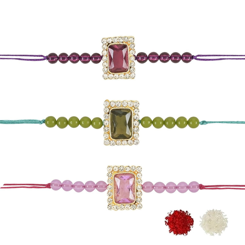 Etnico I Jewels Pearl & Kundan Designer Bhaiya Rakhi With Roli Chawal for Brother/Bro/Men with Rakshabandhan Card (R010MH-Pu-Wi) (Pack Of 3 Rakhi)