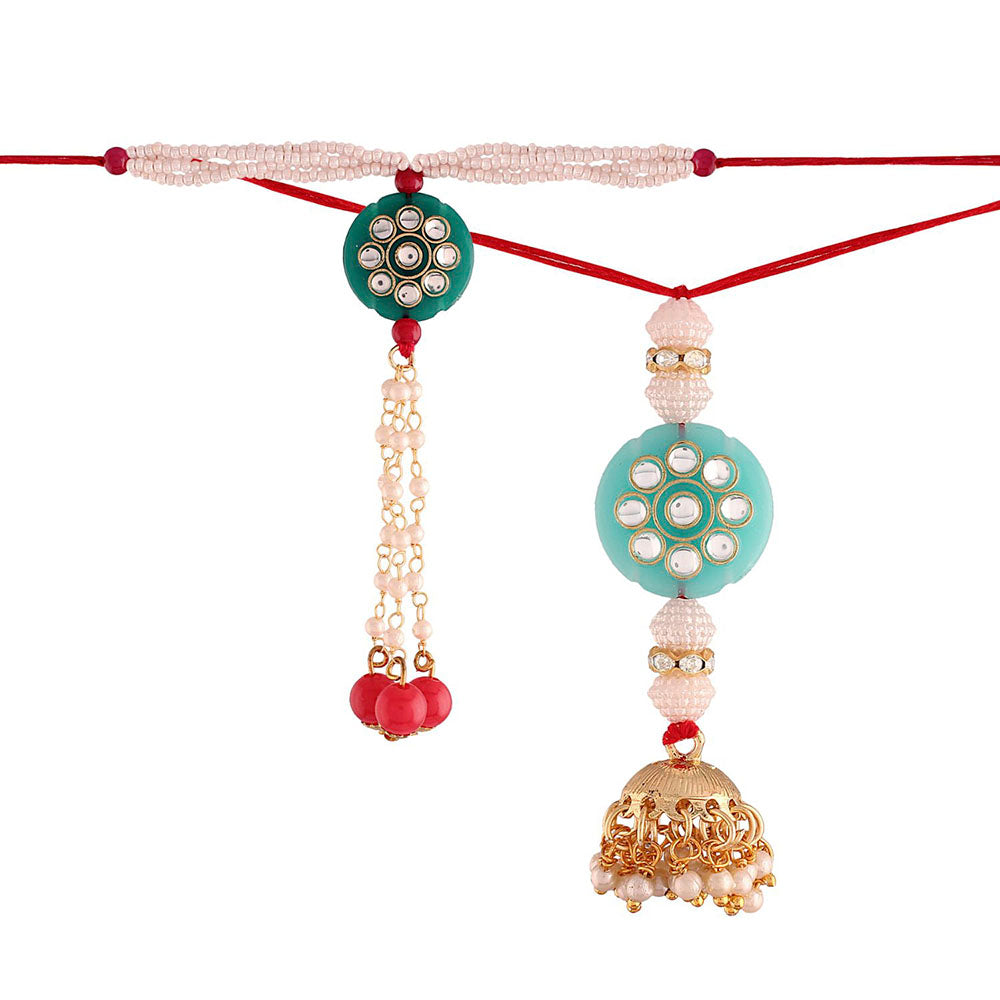 Etnico Gold Plated Hanging Traditional Pearl Studded and Beaded Lumba Rakhi for Bhabhi (R012-17LCO) (Pack of 2 Lumba)
