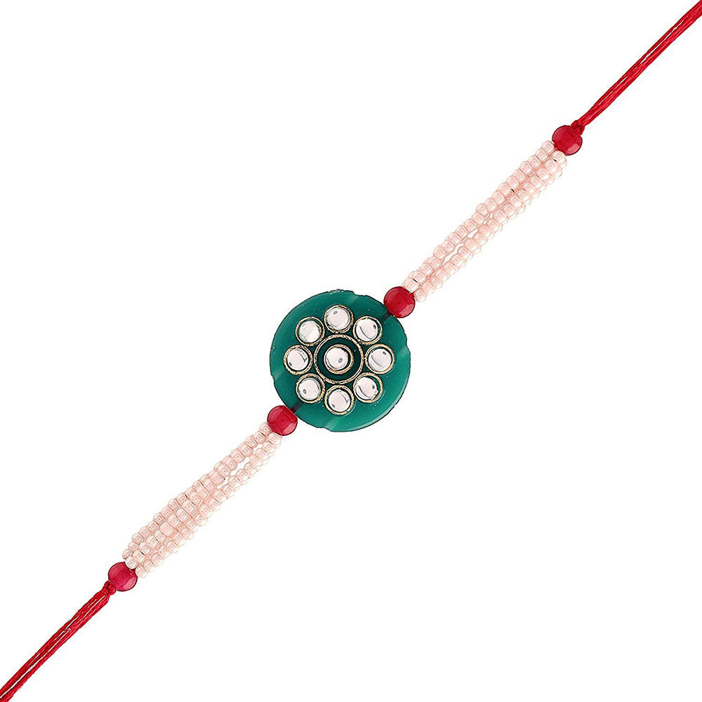 Etnico Gold Plated Ethnic Designer Pearl Kundan Rakhi Bracelet for Brother/Men (R012-Sb)