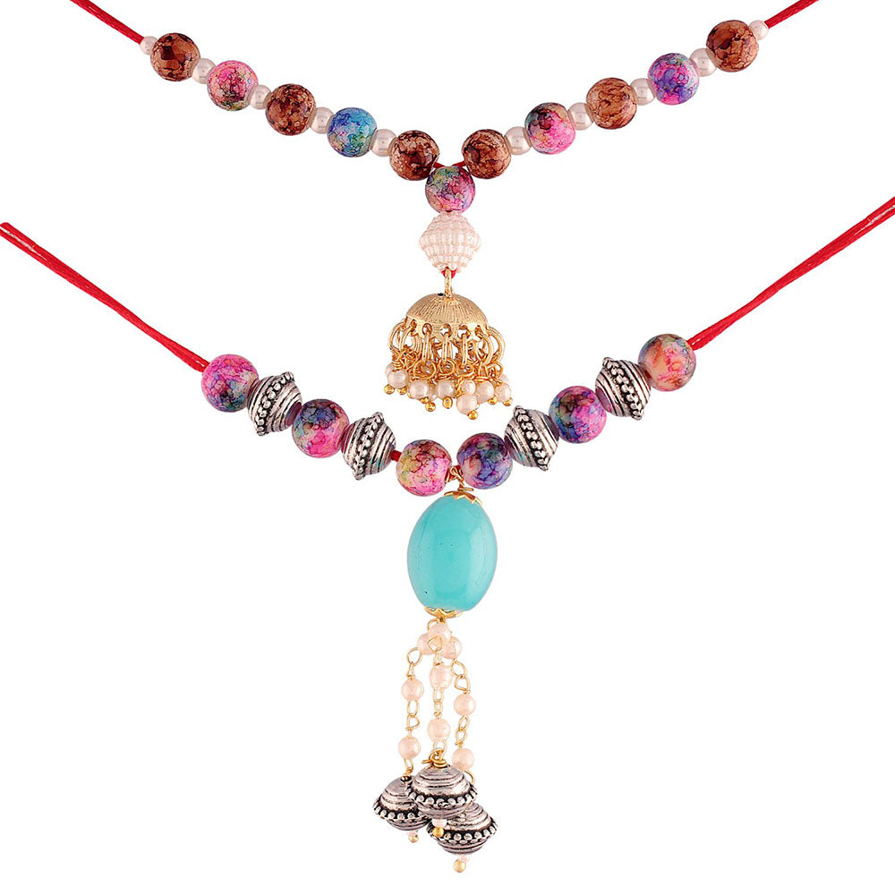 Etnico Gold Plated Hanging Traditional Pearl Studded and Beaded Lumba Rakhi for Bhabhi (R016-53LCO) (Pack of 2 Lumba)