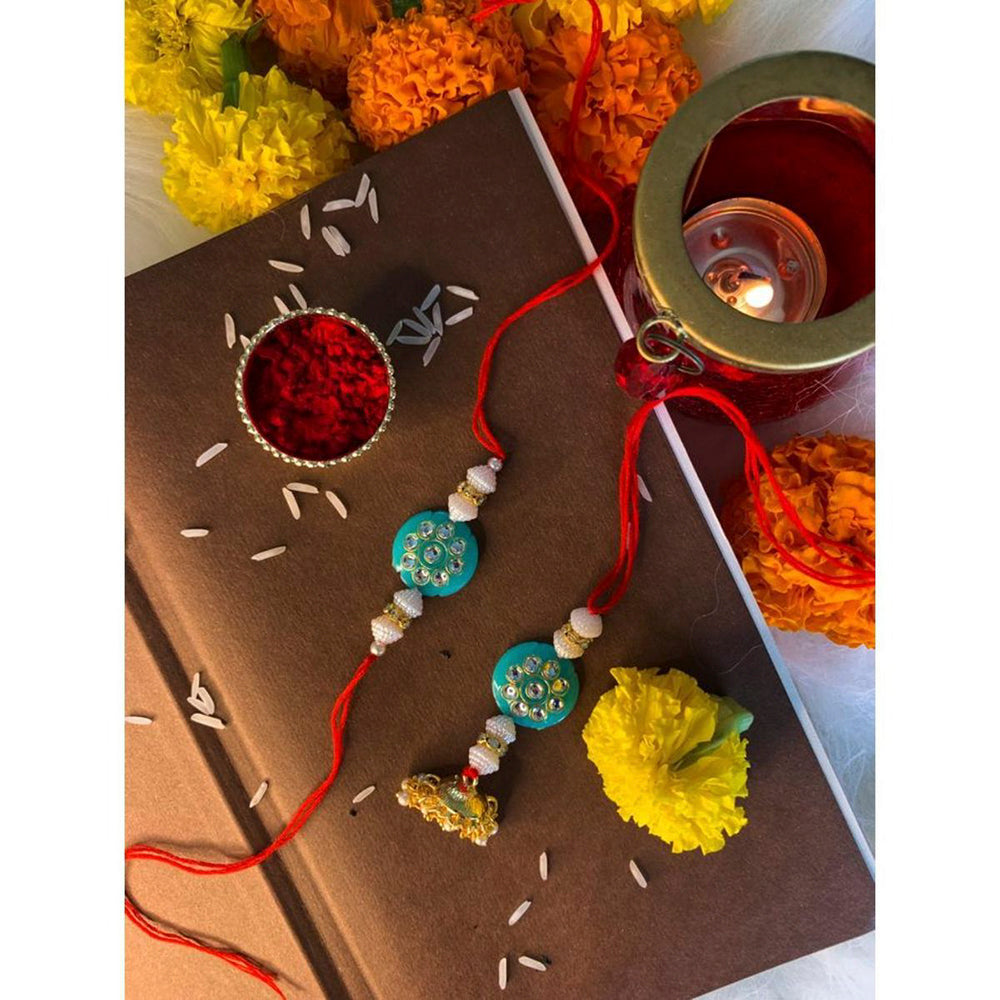 Etnico Designer Bhaiya Bhabhi Hanging Lumba Rakhi Combo Set with Roli Chawal for Rakshabhandan (R017-CO)