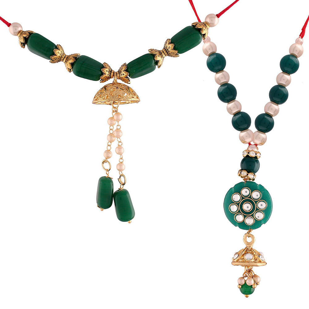 Etnico Gold Plated Hanging Traditional Pearl Studded and Beaded Lumba Rakhi for Bhabhi (R018-19LCO) (Pack of 2 Lumba)