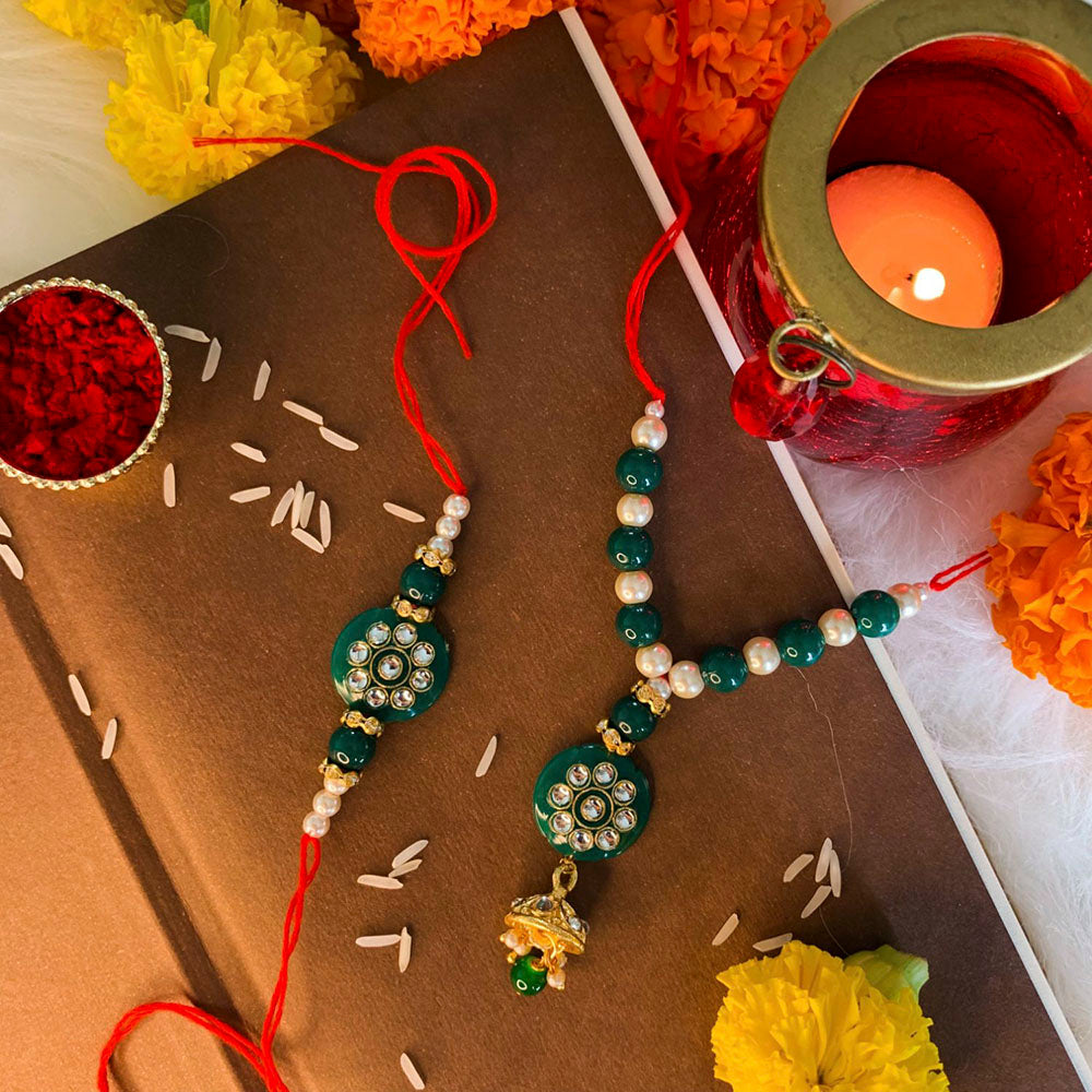 Etnico Designer Bhaiya Bhabhi Hanging Lumba Rakhi Combo Set with Roli Chawal for Rakshabhandan Special (R019-CO)