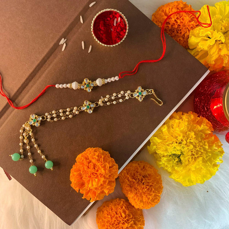 Etnico Designer Bhaiya Bhabhi Hanging Lumba Rakhi Combo Set with Roli Chawal for Rakshabhandan Special (R022-CO)