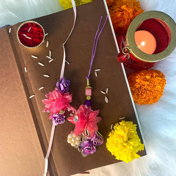 Etnico Designer Bhaiya Bhabhi Hanging Lumba Rakhi Combo Set with Roli Chawal for Rakshabhandan (R041-CO)