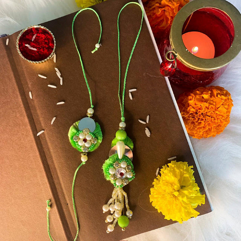 Etnico Designer Bhaiya Bhabhi Hanging Lumba Rakhi Combo Set with Roli Chawal for Rakshabhandan Special (R043G-CO)