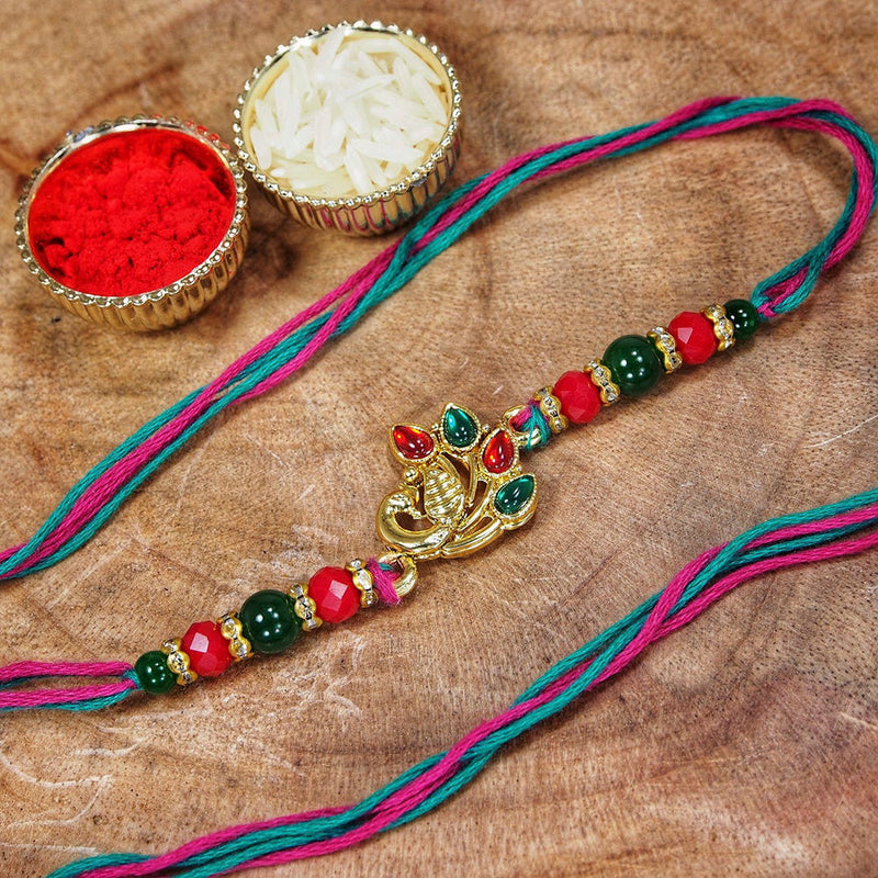 Etnico Gold Plated Ethnic Peacock Design Beads Kundan Rakhi Bracelet with Roli chawal for Brother/Men (R046-R)