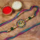 Etnico Gold Plated Ethnic Peacock Design Beads Kundan Rakhi Bracelet With Roli chawal for Brother/Men (R047-R)
