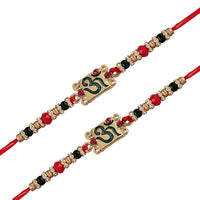 Etnico Gold Plated Ethnic OM Design Beads Stone Rakhi Bracelet with Roli Chawal for Brother/Men (R048-2) (Pack of 2 Pcs)