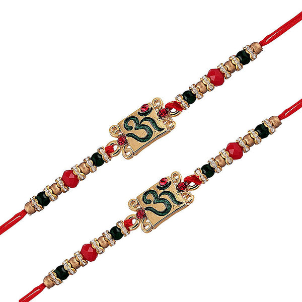 Etnico Gold Plated Ethnic OM Design Beads Stone Rakhi Bracelet with Roli Chawal for Brother/Men (R048-2) (Pack of 2 Pcs)