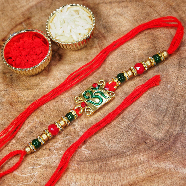 Etnico Gold Plated Ethnic OM Design Beads Stone Rakhi Bracelet With Roli Chawal for Brother/Men (R048-R)