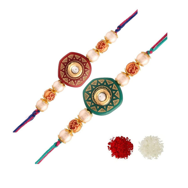 Etnico Ethnic Designer Pearl Beads Studded Rakhi Bracelet for Men/Brother/ Bhaiya (R057-RCO (Pack of 2)