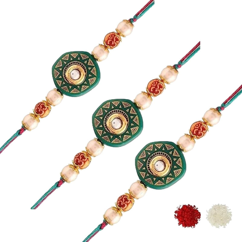 Etnico I Jewels Ethnic Designer Pearl Beads Combo Rakhi Set With Roli Chawal & Rakshabandhan Card For Brother/Bhai/Bro/Men (R057G-3) (Pack of 3)