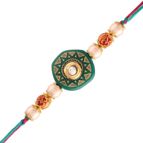 Etnico Ethnic Designer Pearl Beads Studded Rakhi Bracelet with Roli Chawal for Men/Brother/ Bhaiya (R057G-R) ( Pack 1Pcs)