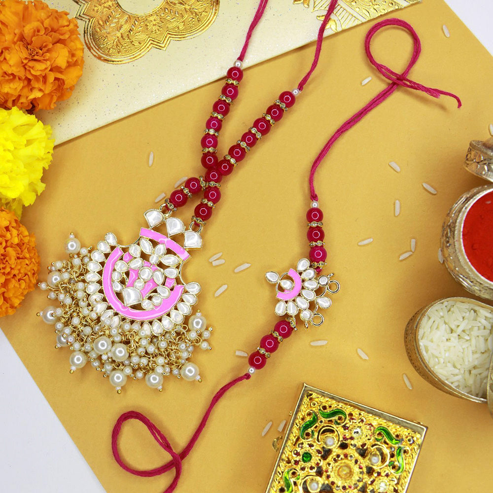 Etnico Designer Bhaiya Bhabhi Hanging Lumba Rakhi Combo Set for Rakshabhandan (R066Pi-CO)