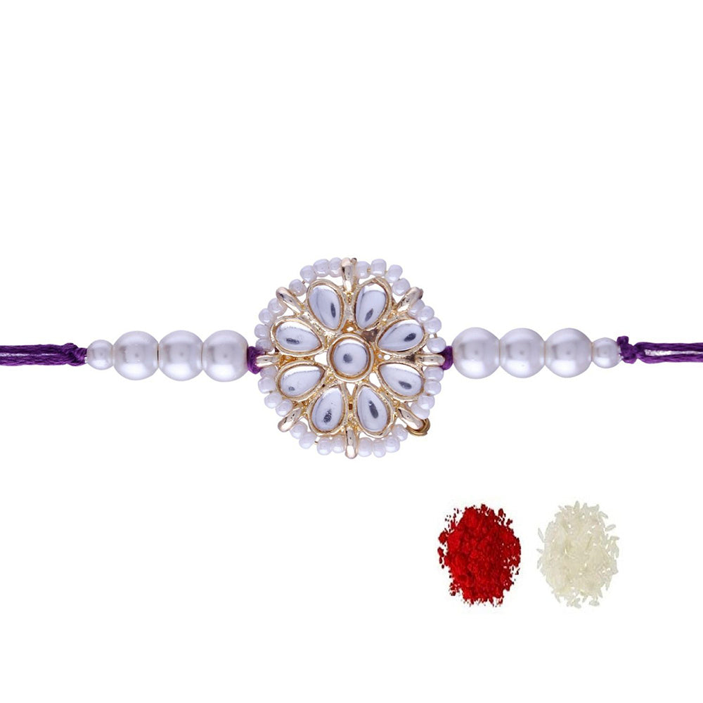 Etnico Ethnic Designer Pearl Beads Studded Rakhi Bracelet with Roli Chawal for Brother/Men (R083W)