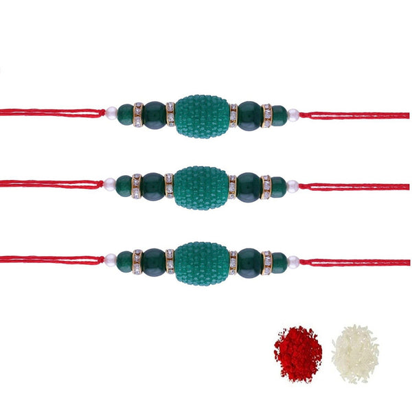 Etnico Ethnic Designer Pearl Beads StuddedRakhi Bracelet with Roli Chawal for Brother/Men (R090G-3)Pack of 3 Rakhi