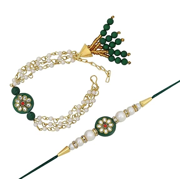 Etnico I Jewels Designer Kundan Pearl Bhaiya Bhabhi Lumba Rakhi Set With Roli Chawal & Rakshabandhan Card For Brother/Bro/Men (R092G-CO)