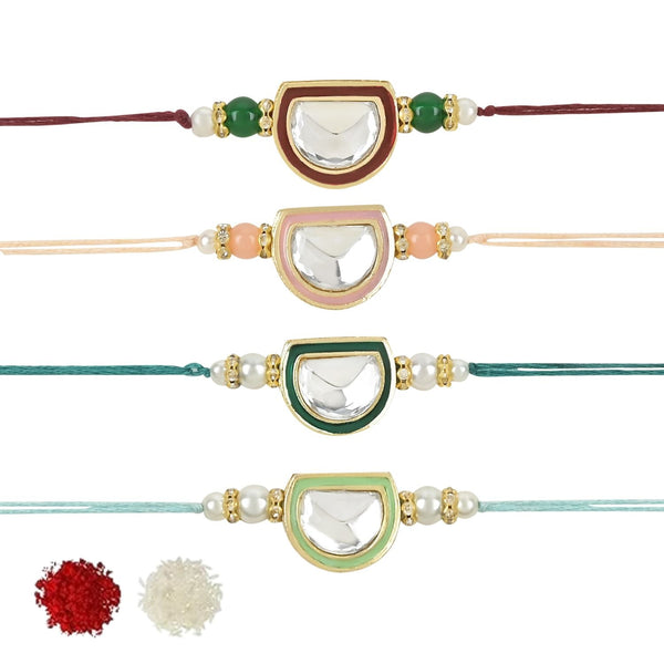 Etnico I Jewels Pearl & Kundan Designer Bhaiya Rakhi With Roli Chawal for Brother/Bro/Men with Rakshabandhan Card (R095-4) (Pack of 4)