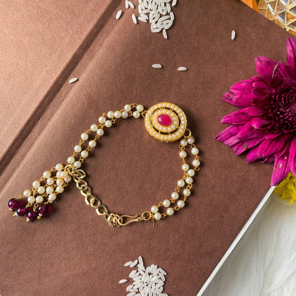 Etnico I Jewels Rakshabandhan Designer Pearl Hanging Lumba Bracelet Rakhi For Bhabhi/Sister (R096Pi-L)