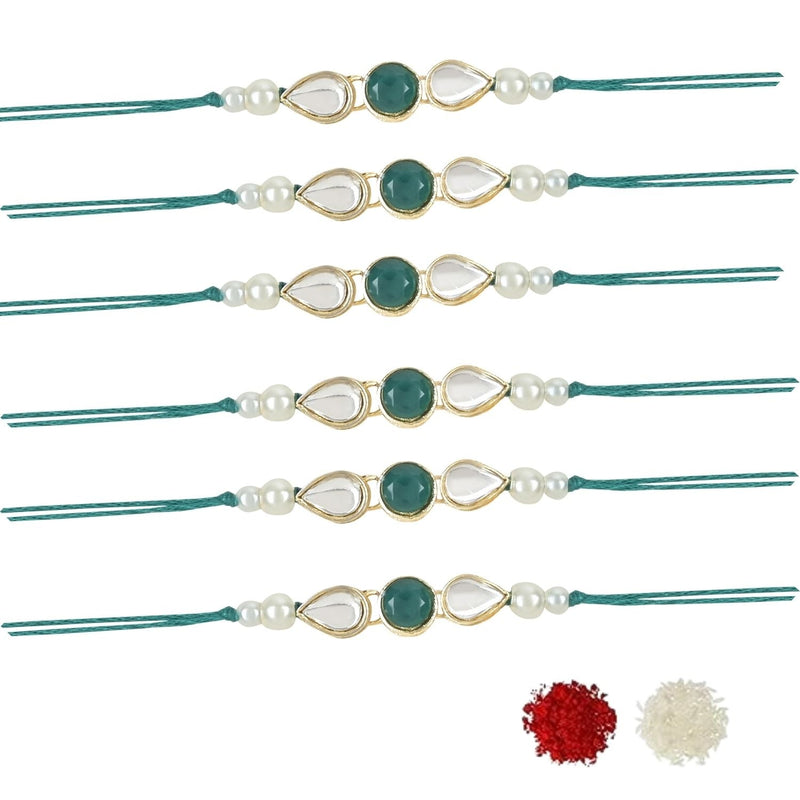 Etnico I Jewels Pearl & Kundan Designer Bhaiya Rakhi With Roli Chawal for Brother/Bro/Men with Rakshabandhan Card (R099G-6)