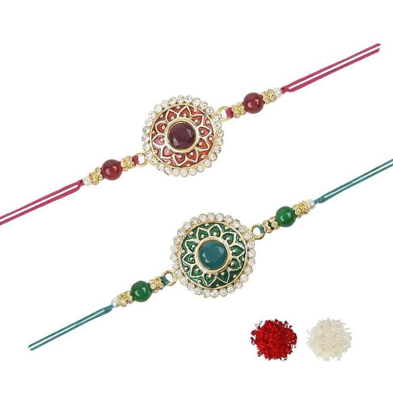 Etnico I Jewels Rakshabandhan Designer Handcrafted Pearl & Kundan Bhaiya Rakhi With Roli Chawal for Brother/Bro/Men (R100M-G)