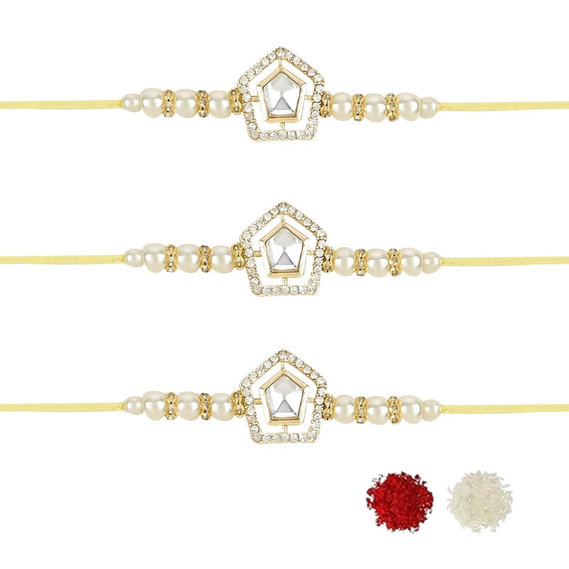 Etnico I Jewels Pearl & Kundan Designer Bhaiya Rakhi With Roli Chawal for Brother/Bro/Men with Rakshabandhan Card (R102W-3) (Pack of 3)