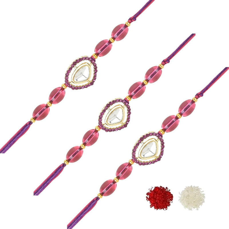 Etnico I Jewels Pearl & Kundan Designer Bhaiya Rakhi With Roli Chawal for Brother/Bro/Men with Rakshabandhan Card (R104Wi-3) (Pack of 3)