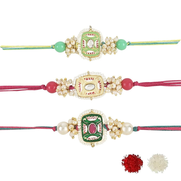 Etnico I Jewels Pearl & Kundan Designer Bhaiya Rakhi With Roli Chawal for Brother/Bro/Men with Rakshabandhan Card (R106Q-Min-Mul) (Pack of 3)