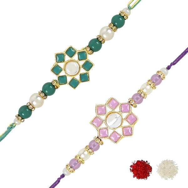 Etnico I Jewels Pearl & Kundan Designer Bhaiya Rakhi With Roli Chawal for Brother/Bro/Men with Rakshabandhan Card (R108G-Pu-2) (Pack of 2)