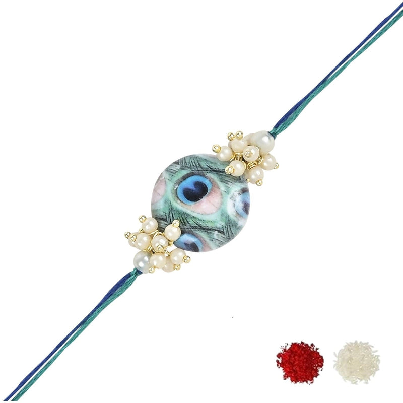 Etnico I Jewels Pearl & Peacock Feather Designer Bhaiya Rakhi With Roli Chawal for Brother/Bro/Men with Rakshabandhan Card (R112G)