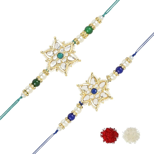 Etnico I Jewels Pearl & Kundan Designer Bhaiya Rakhi With Roli Chawal for Brother/Bro/Men with Rakshabandhan Card (R116G-Bl)(Pack of 2)