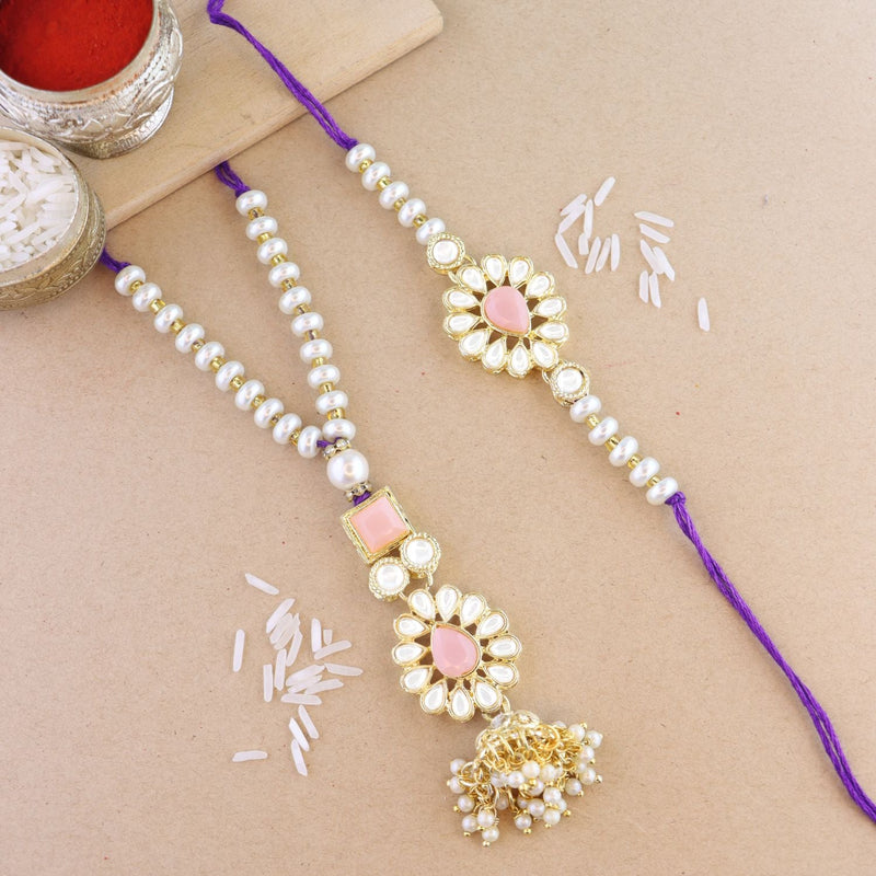 Etnico I Jewels Designer Kundan & Pearl Hanging Bhaiya Bhabhi Lumba Rakhi Combo Set with Roli Chawal and Rakshabandhan Card (R118Pe-CO)