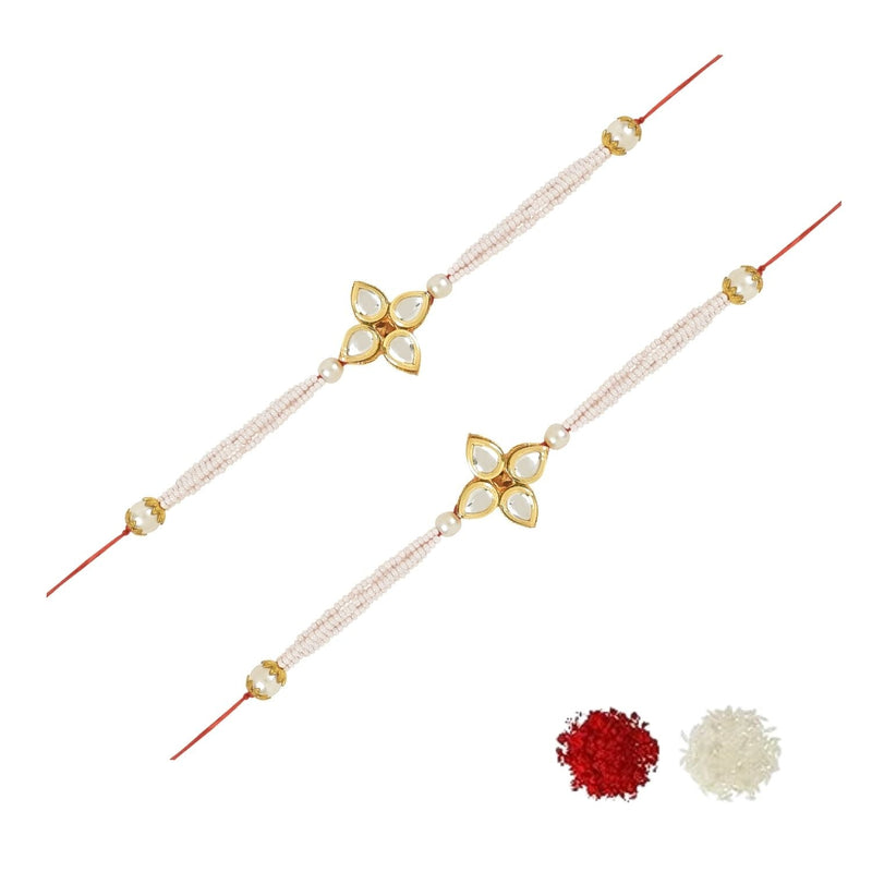 Etnico I Jewels Rakshabandhan Designer Handcrafted Pearl & Kundan Bhaiya Rakhi With Roli Chawal for Brother/Bro/Men (R120W-2) (Pack of 2)