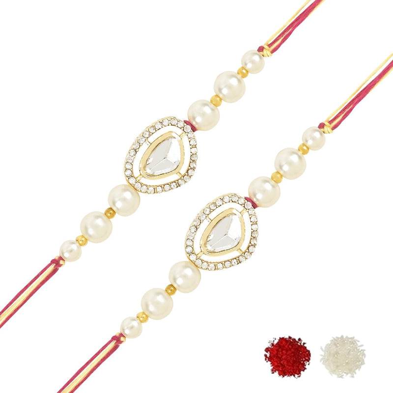 Etnico I Jewels Pearl & Kundan Designer Bhaiya Rakhi With Roli Chawal for Brother/Bro/Men with Rakshabandhan Card (R121W-2)(Pack of 2)