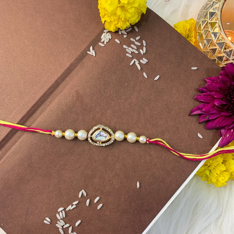 Etnico I Jewels Pearl & Kundan Designer Bhaiya Rakhi With Roli Chawal for Brother/Bro/Men with Rakshabandhan Card (R121W)