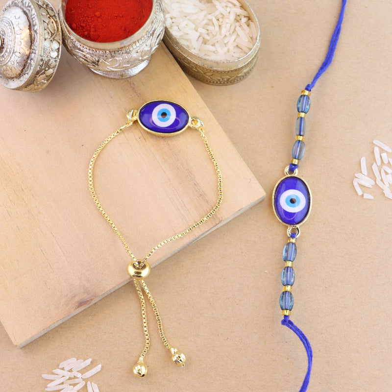 Etnico I Jewels Enamel Designer Evil Eye Bhaiya Bhabhi Lumba Rakhi Set With Roli Chawal and Rakshabandhan card (R128-CO)