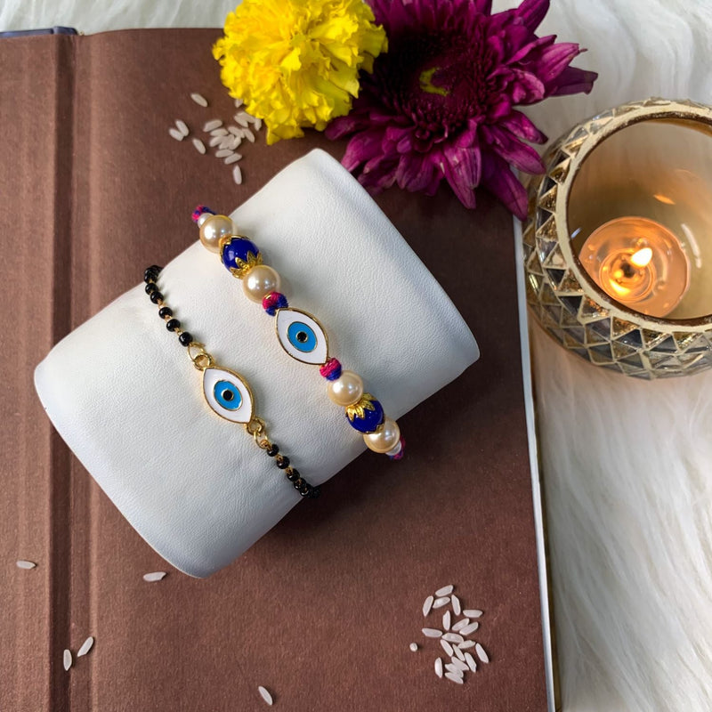 Etnico I Jewels Designer Enamel Evil Eye Bhaiya Bhabhi Mangalsutra Bracelet Rakhi Set With Roli Chawal & Rakshabandhan Card For Brother/Bro/Men (R130-CO)