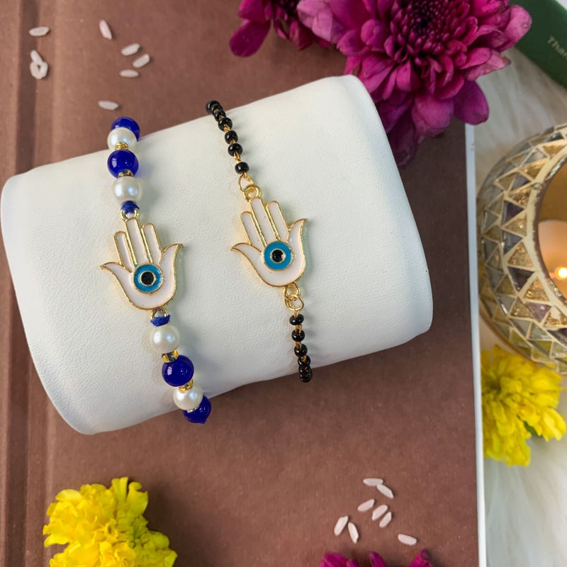 Etnico I Jewels Designer Enamel Hamsa Evil Eye Bhaiya Bhabhi Mangalsutra Bracelet Rakhi Set With Roli Chawal & Rakshabandhan Card For Brother/Bro/Men (R131-CO)